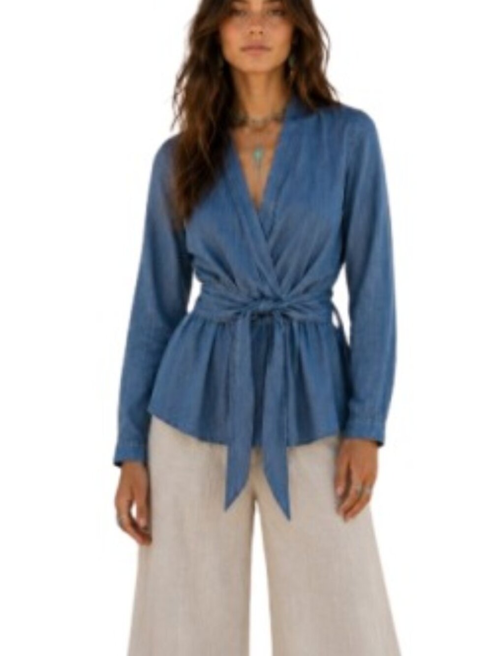 Level 99 Womens Tie Front Surplice Blouse Blue Chambray Lyocell Tencel XS